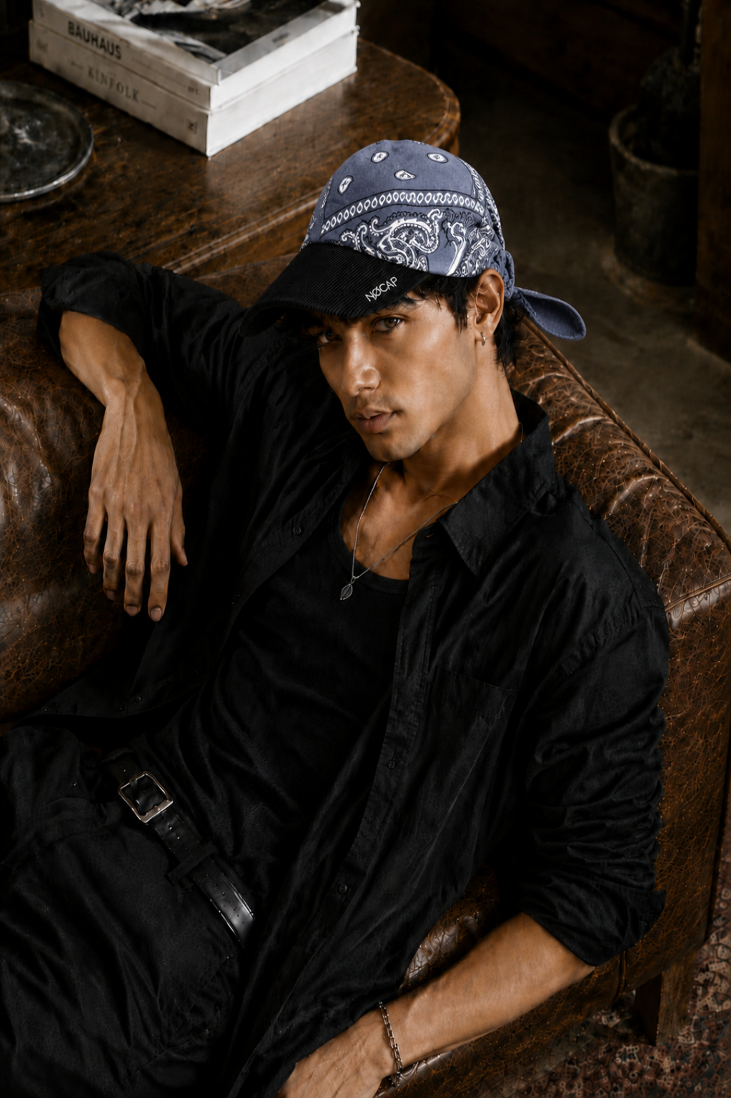A man wearing a black button-up shirt, black pants, and a blue paisley bandana cap sits relaxed on a brown leather couch in a dimly lit room.